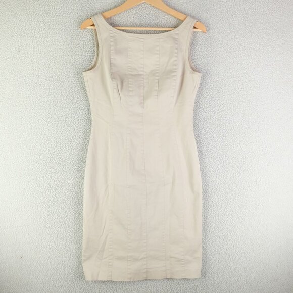 Prada Dress Womens Size 46 Beige Fitted Sheath Sleeveless Midi Back Zip Italy - Picture 1 of 13